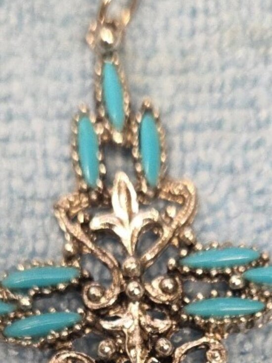 Large Auth Zuni Cross Pendant Chain Sterling Silver Turquoise Needlepoint - Picture 4 of 10